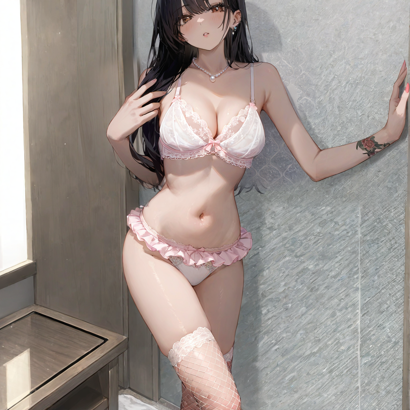 Plaid lace pearl bra set