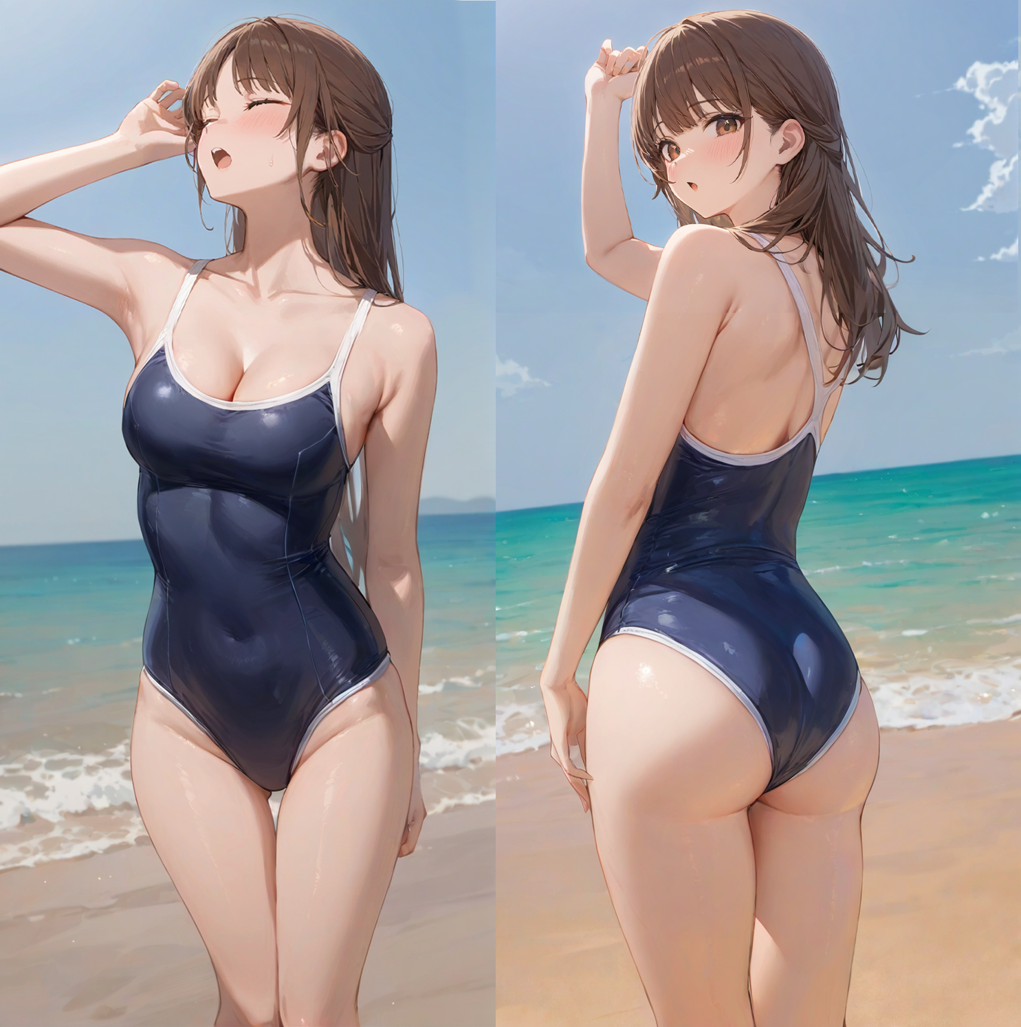 Deep U Japanese style hidden button one-piece swimsuit