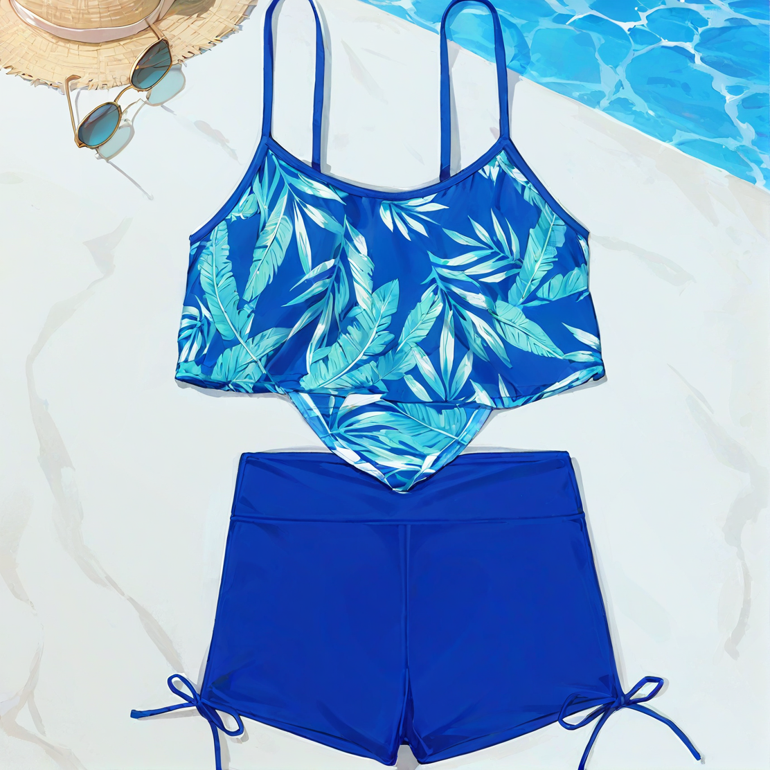 Boxer drawstring multicolor leaf bikini set