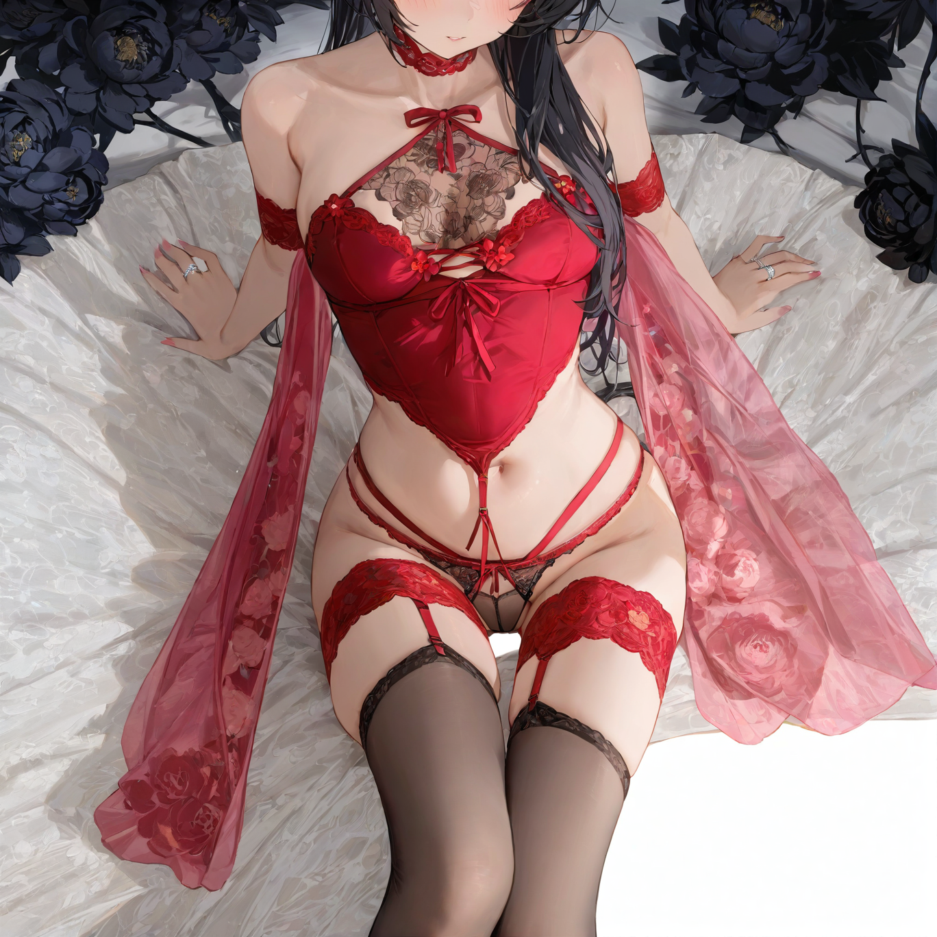 Peony embroidery lace-up bellyband set