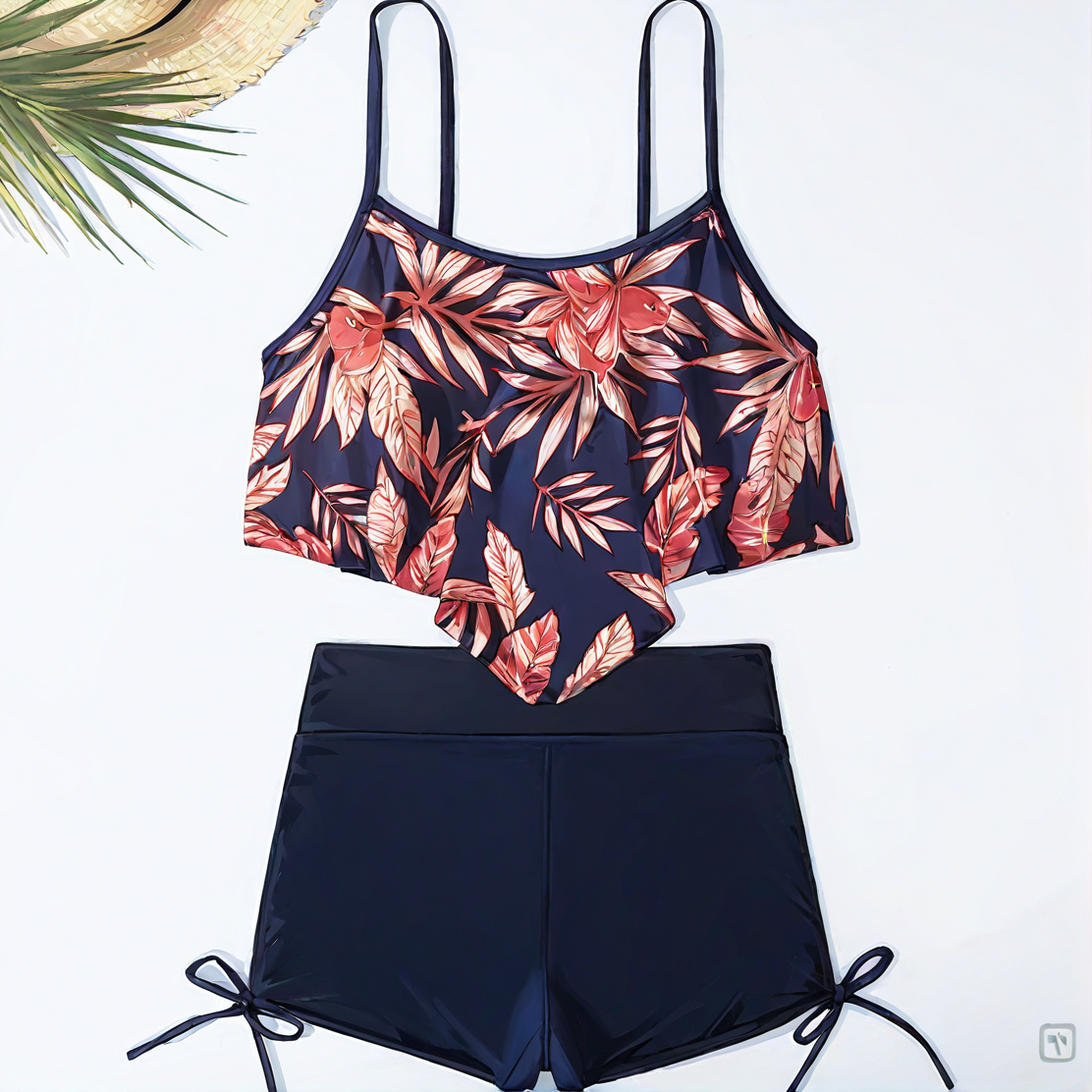 Boxer drawstring multicolor leaf bikini set