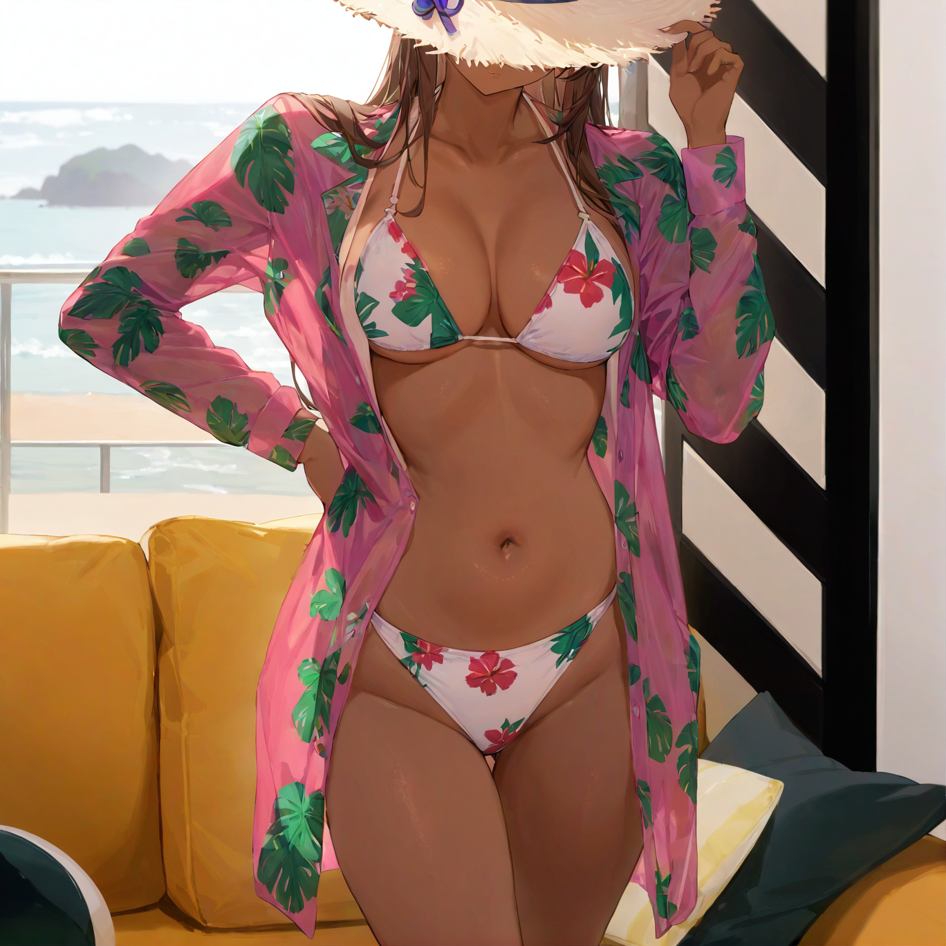 Printed mesh three-piece cover-up swimsuit