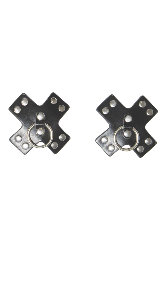 Black Leather Studded Nipple Pasties With Fetish-Inspired O Ring Tips