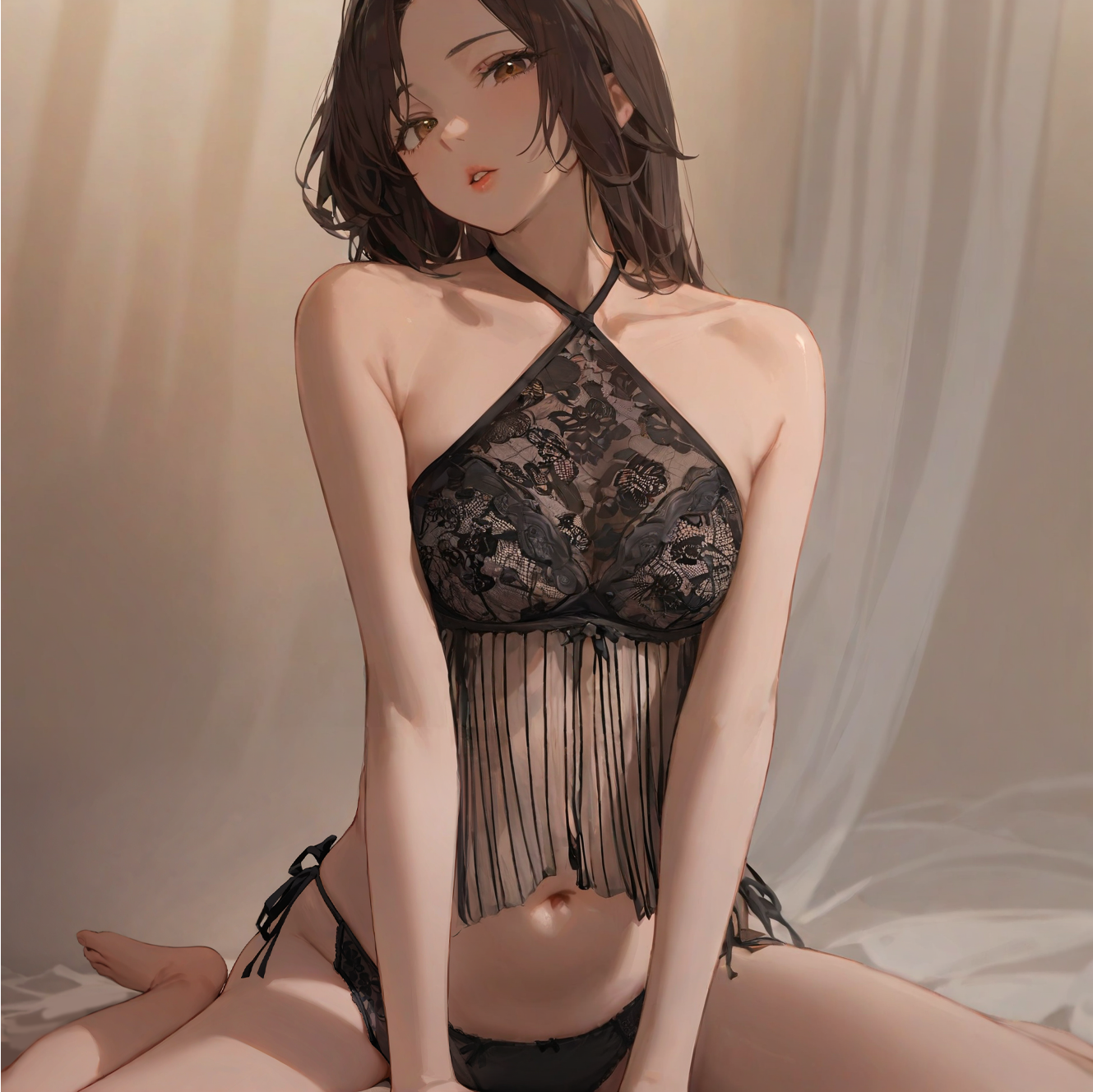 Bellyband tassel three-point see-through outfit