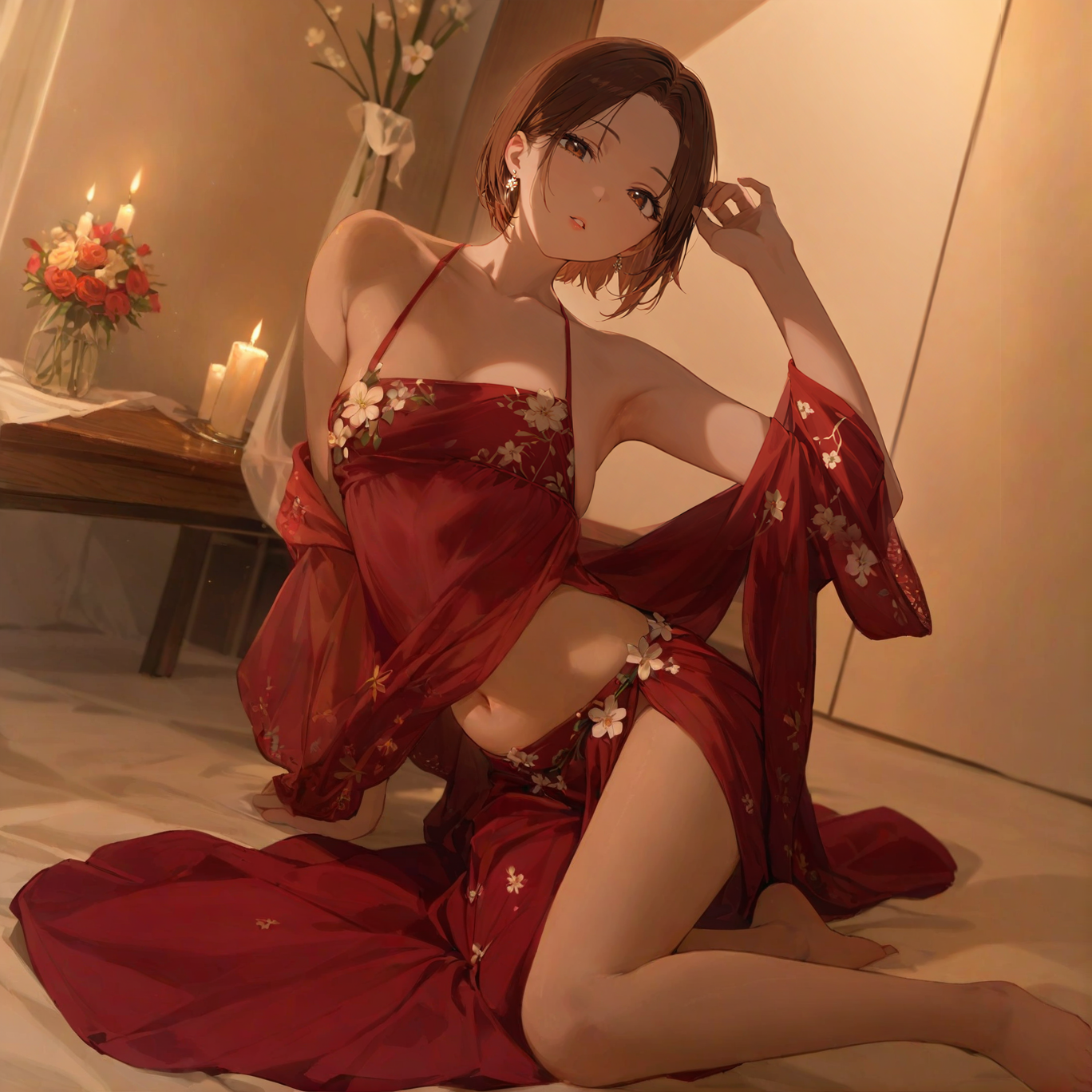 Red gauze lace ancient style oiran outfit
