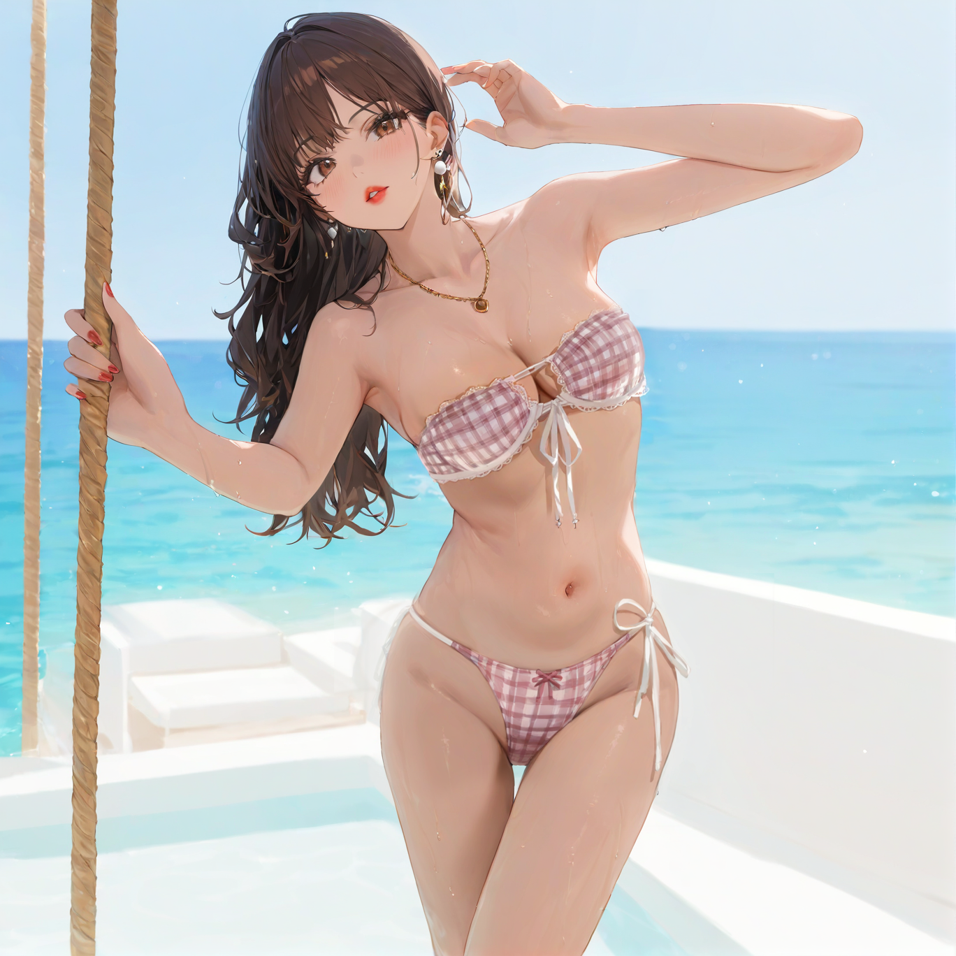 Spotted plaid tube top lace-up swimsuit