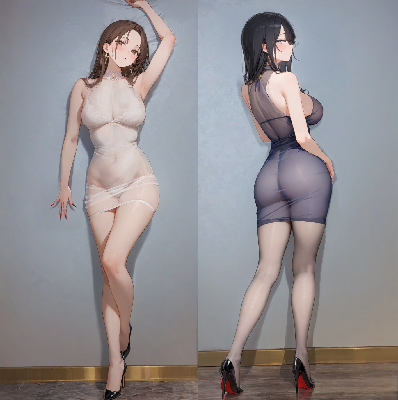 Shiny and translucent tight skirt set